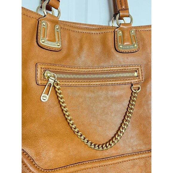 MICHAEL KORS CARAMEL TAN LEATHER SATCHEL HANDBAG. - Picture 4 of 12